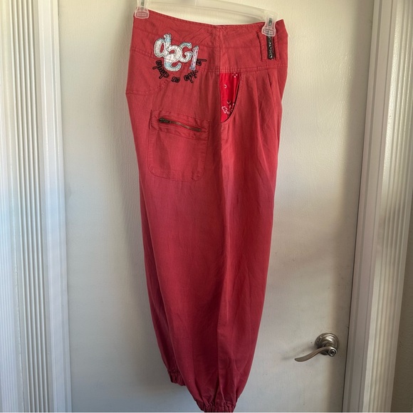 RARE Desigual Vibrant Coral Red Embroidered Appliquéd Cotton Boho Harem Pants - Picture 10 of 13